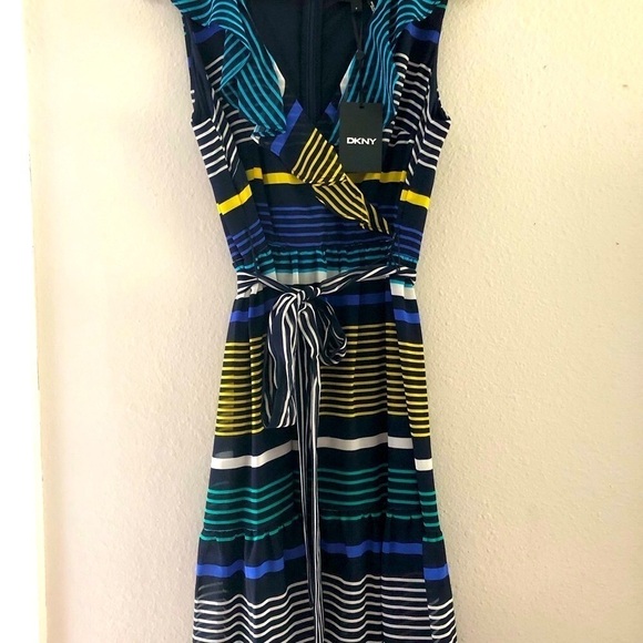 DKNY Womens Navy Ruffled Zippered Belted Lined Striped Sleeveless Surplice Dress - Picture 7 of 11